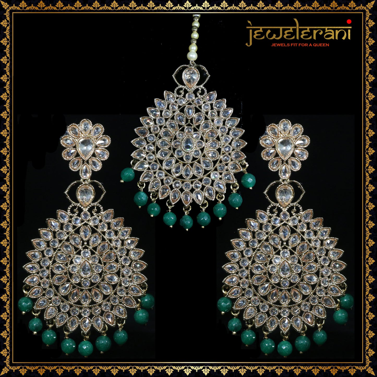 Kalyan Earrings & Tikka Set - Green